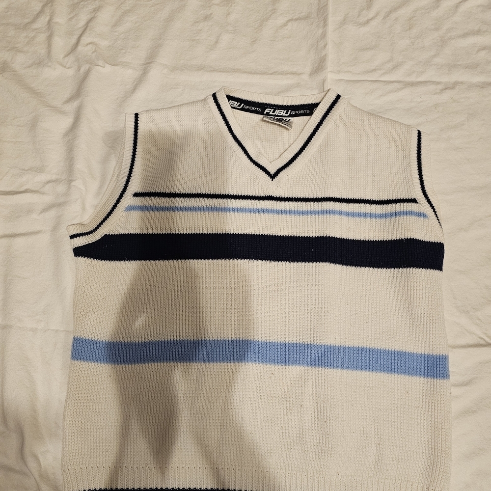 Fubu Men's White and Blue Striped Sweater Vest